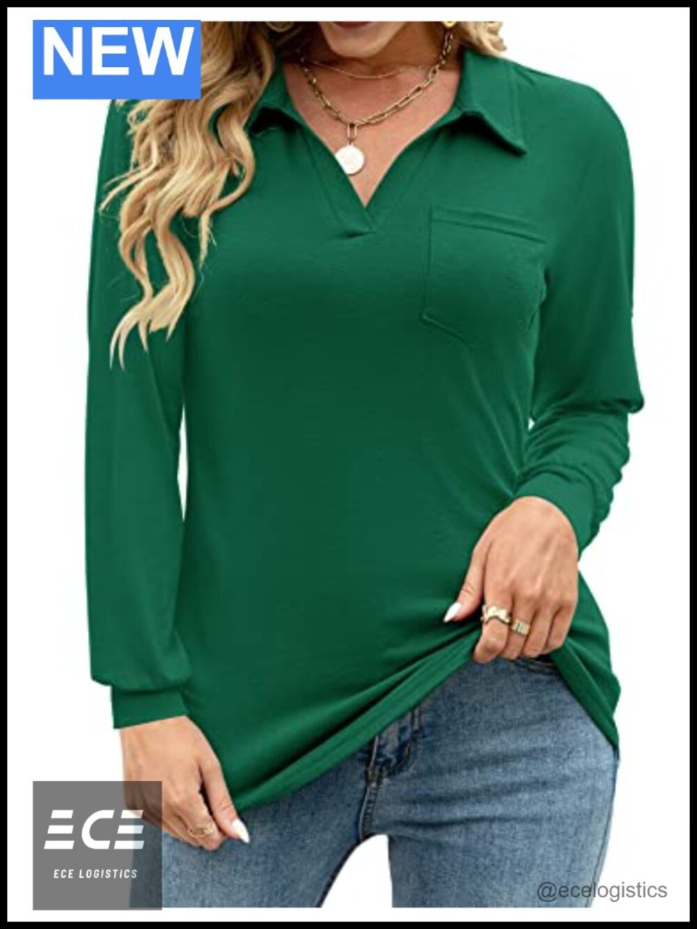 Womens V Neck Collared Tunic Blouse Loose Casual Office Top with Pocket
